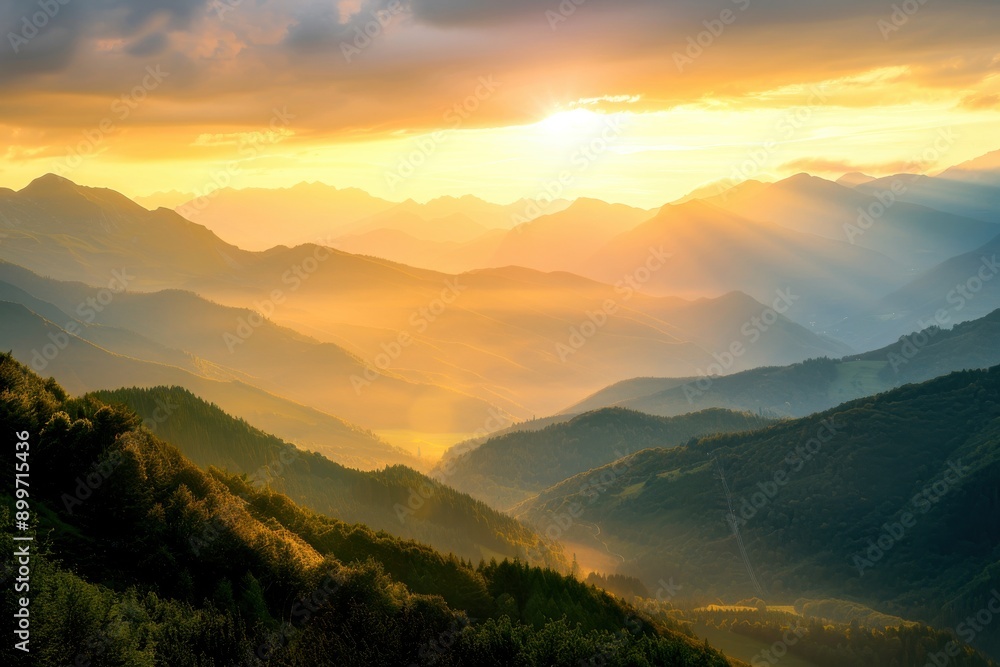 A breathtaking sunrise bathes the mountains in golden light, revealing layers of misty valleys and peaks in the early morning tranquility A breathtaking sunrise bathes the mountains in golden light, revealing layers of misty valleys and peaks in the early morning tranquility
