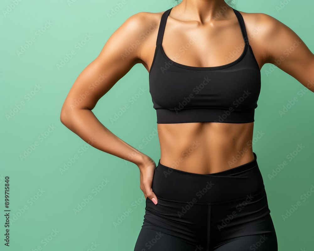 A fit woman poses confidently in a black sports bra, showcasing toned arms and abs against a green background.