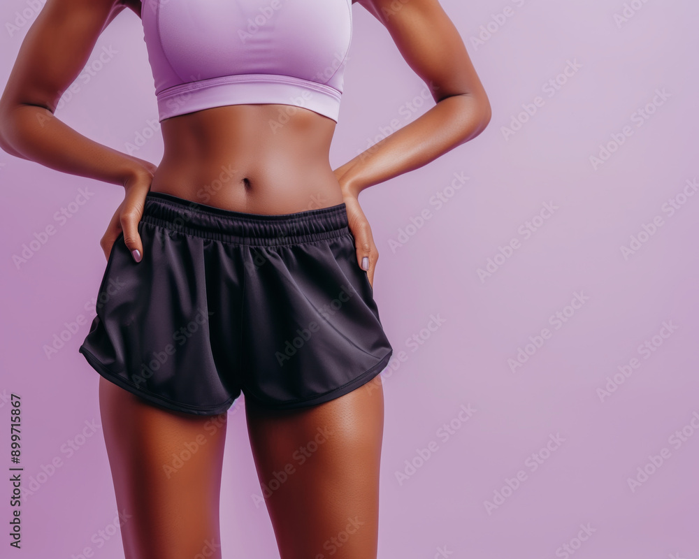A fit woman poses confidently in athletic wear against a soft purple background, showcasing strength and fitness. A fit woman poses confidently in athletic wear against a soft purple background, showcasing strength and fitness.