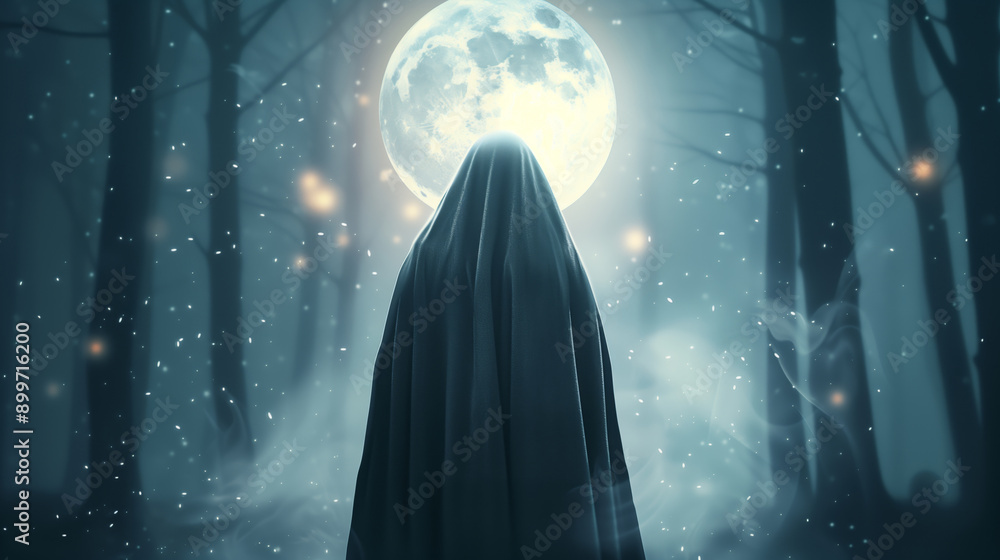 A mysterious figure in a dark forest gazing at a luminous full moon, creating an enchanting and ethereal atmosphere. A mysterious figure in a dark forest gazing at a luminous full moon, creating an enchanting and ethereal atmosphere.