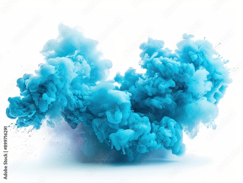 Fototapeta premium Vivid Cyan Smoke Explosion on White Background for Design Element