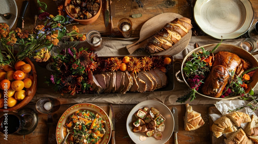 A beautiful autumn harvest feast with a variety of dishes including roasted meats, root vegetables, and freshly baked bread A beautiful autumn harvest feast with a variety of dishes including roasted meats, root vegetables, and freshly baked bread