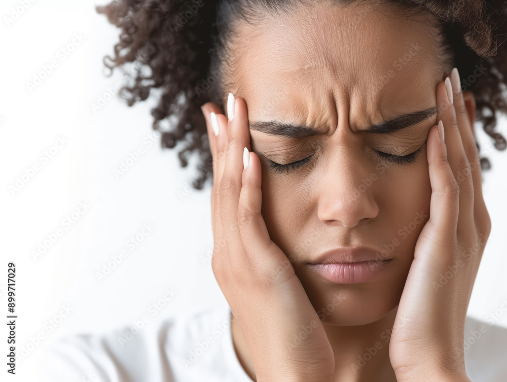 A young woman experiencing stress with furrowed brows, holding her head in discomfort. Emotions of anxiety and fatigue are visible. A young woman experiencing stress with furrowed brows, holding her head in discomfort. Emotions of anxiety and fatigue are visible.