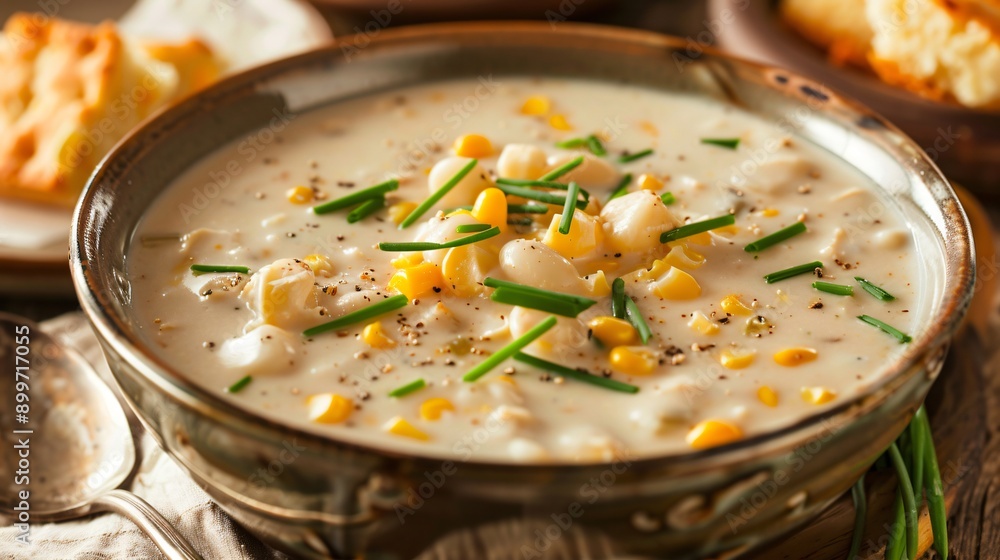 A closeup of a bowl of creamy corn chowder, garnished with fresh chives and a side of cornbread A closeup of a bowl of creamy corn chowder, garnished with fresh chives and a side of cornbread