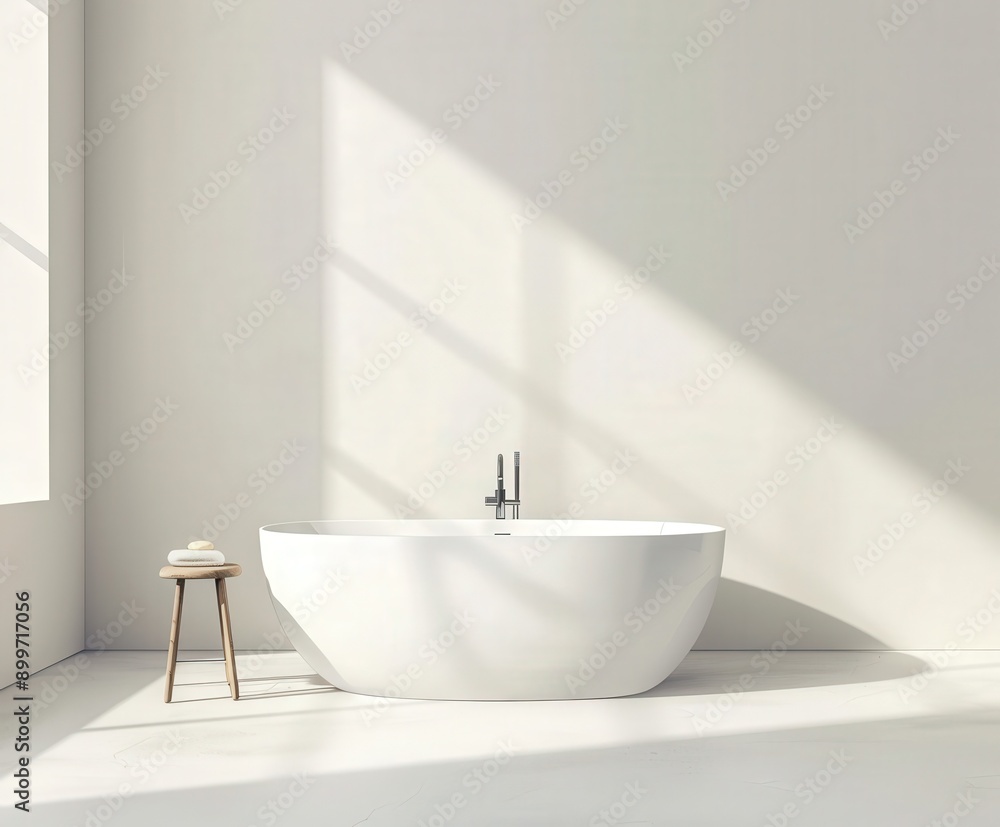 Fototapeta premium Modern Minimalist Bathroom Featuring Oval Freestanding Bathtub in Natural Light