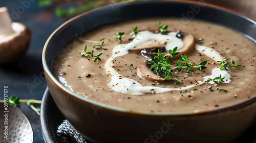 A closeup of a bowl of creamy mushroom soup, garnished with fresh thyme and a swirl of cream