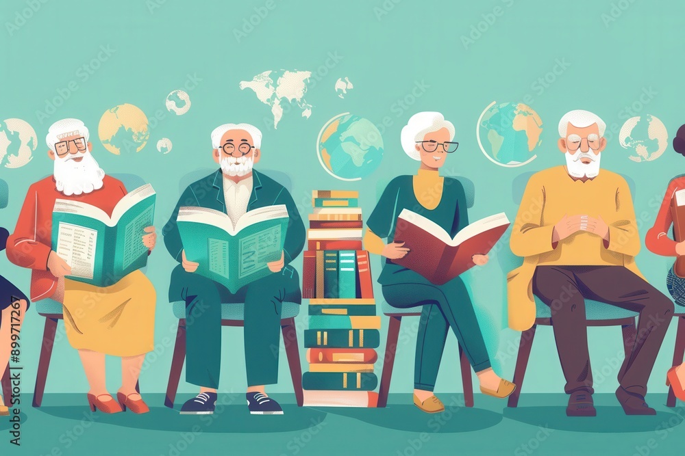 Group of elderly people actively studying foreign languages, surrounded by textbooks, dictionaries, and maps, focused on improving their language skills. Generative AI Group of elderly people actively studying foreign languages, surrounded by textbooks, dictionaries, and maps, focused on improving their language skills. Generative AI