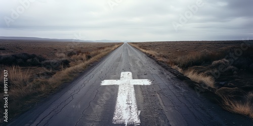 A straight road with an cross painted on it leading to the distant horizon, symbolizing faith in Christian values, Christianity