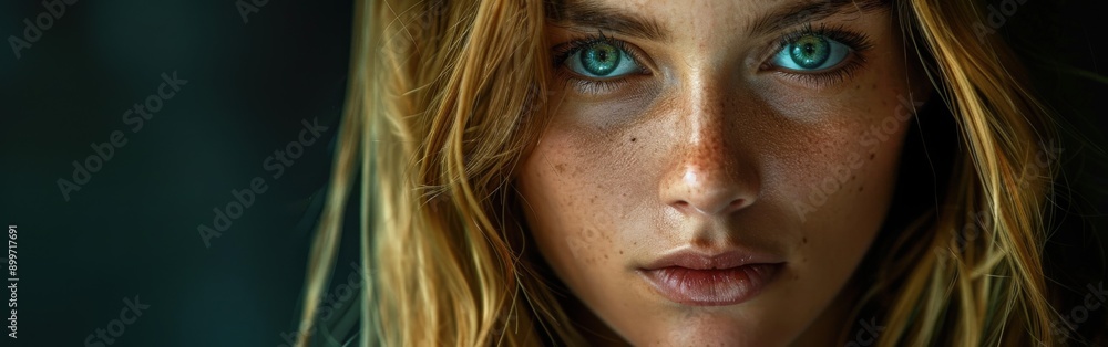 Close-Up Portrait of a Young Woman With Striking Blue Eyes and Freckled Skin Close-Up Portrait of a Young Woman With Striking Blue Eyes and Freckled Skin