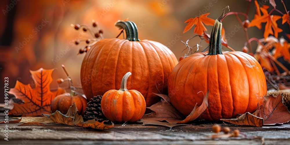 Autumn Harvest Glowing Pumpkins on Rustic Wooden Table Autumn Harvest Glowing Pumpkins on Rustic Wooden Table