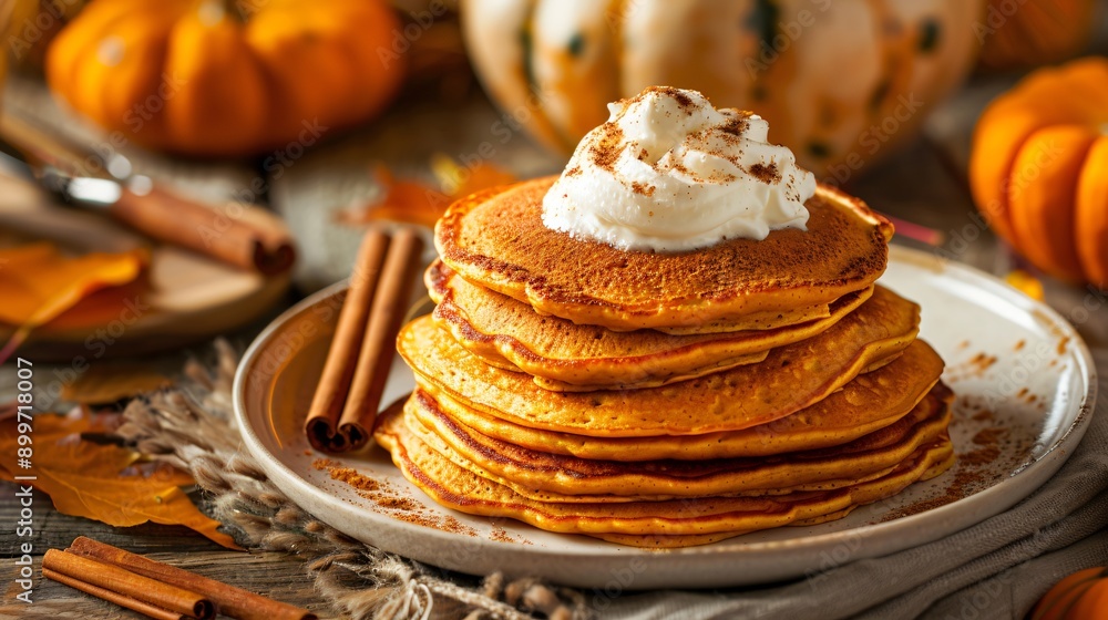 A cozy breakfast scene featuring pumpkin spice pancakes topped with whipped cream and cinnamon A cozy breakfast scene featuring pumpkin spice pancakes topped with whipped cream and cinnamon