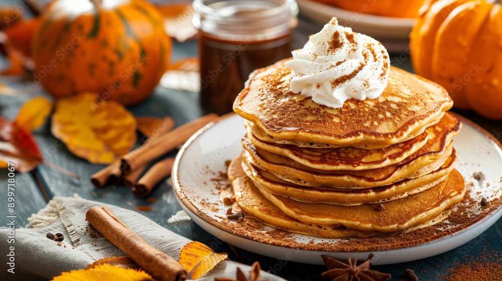 A cozy breakfast scene featuring pumpkin spice pancakes topped with whipped cream and cinnamon A cozy breakfast scene featuring pumpkin spice pancakes topped with whipped cream and cinnamon