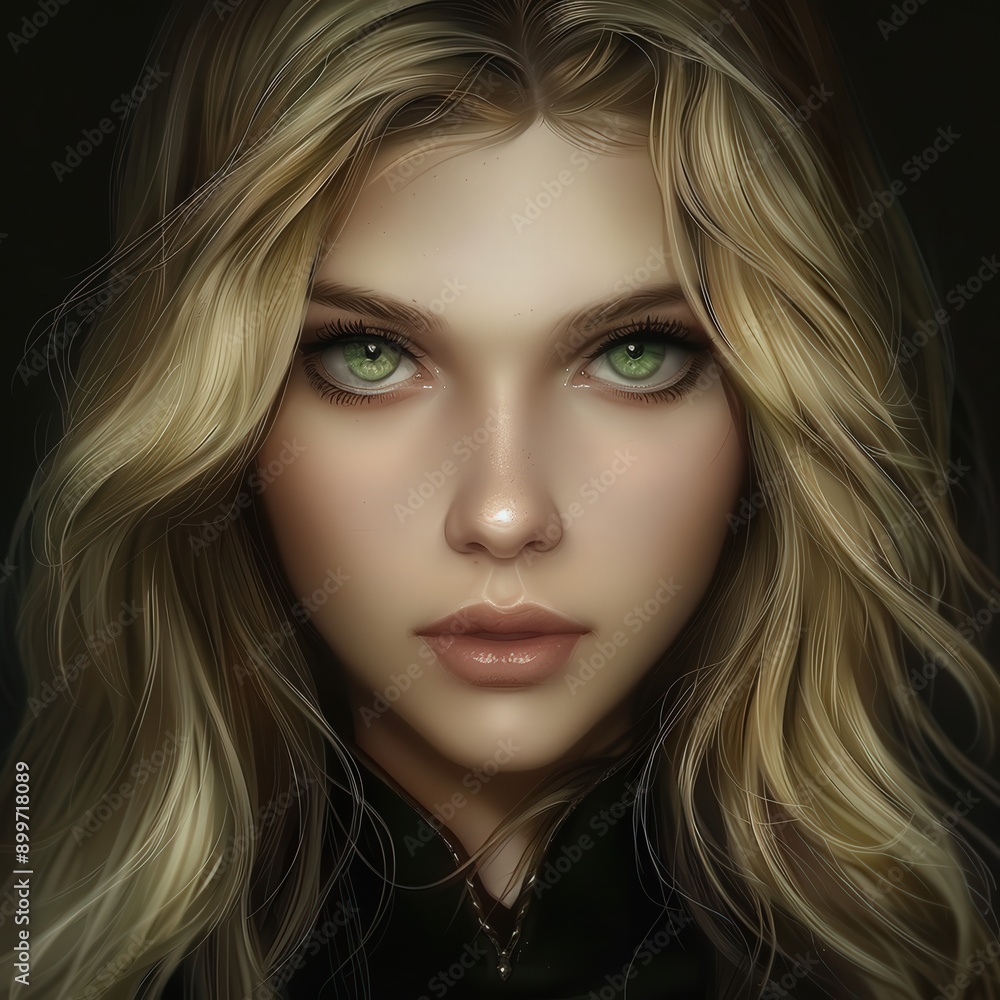 Enigmatic Portrait of a Young Woman With Striking Green Eyes in Soft Lighting Enigmatic Portrait of a Young Woman With Striking Green Eyes in Soft Lighting
