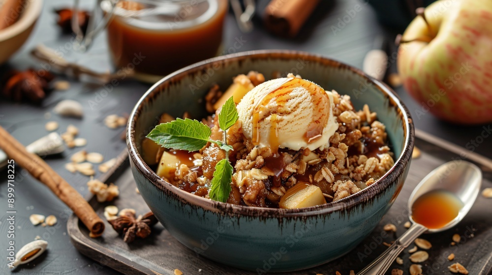 A cozy scene with a bowl of apple crisp, topped with a scoop of vanilla ice cream and caramel sauce A cozy scene with a bowl of apple crisp, topped with a scoop of vanilla ice cream and caramel sauce