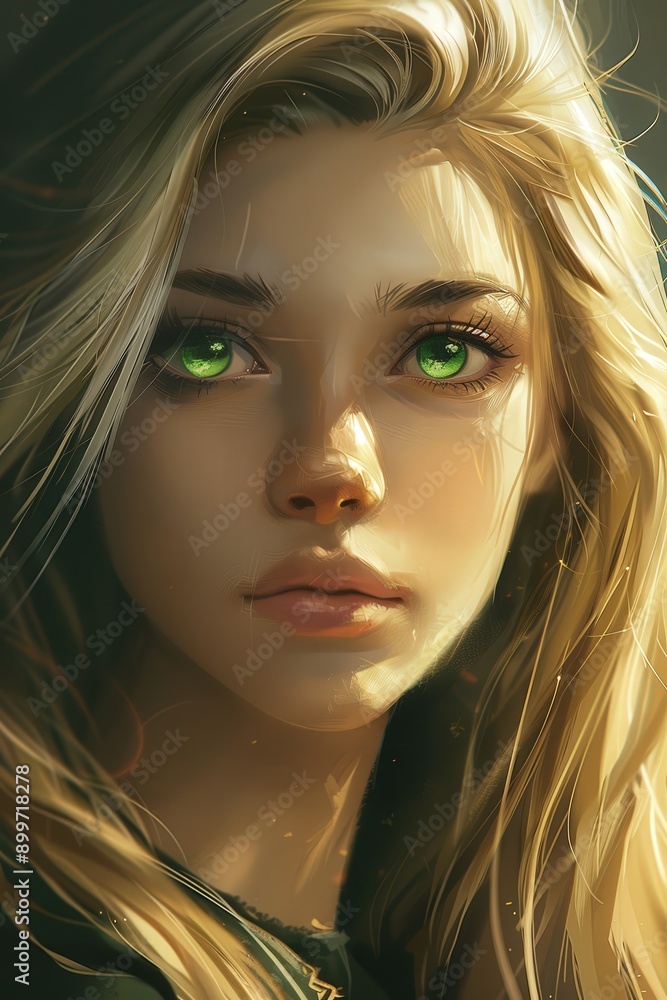 Young Woman With Striking Green Eyes and Blonde Hair in Soft Light Young Woman With Striking Green Eyes and Blonde Hair in Soft Light