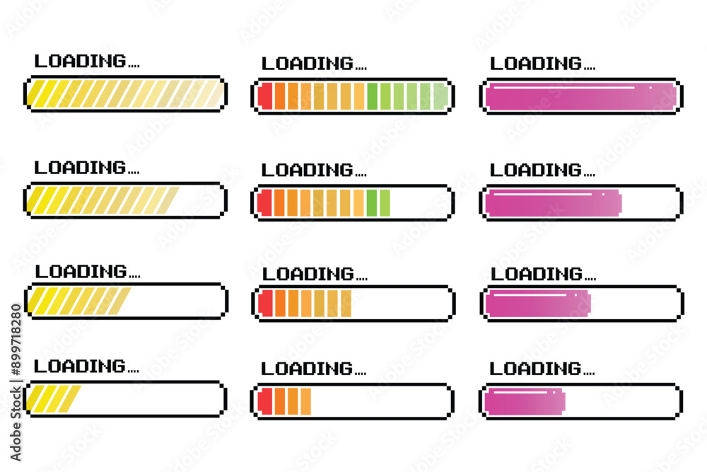 Pixel art 8-bit loading bar concept. Loading icons set. Load bar ...