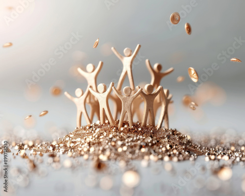 Wooden figures celebrate success on a pile of coins, symbolizing teamwork, achievement, and prosperity in a modern financial concept. photo