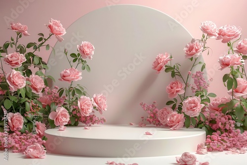 Podium background with pink roses, 3D spring table, beauty stand, floral summer scene, white nature display, romantic garden, cosmetic ad, Valentine Easter gift