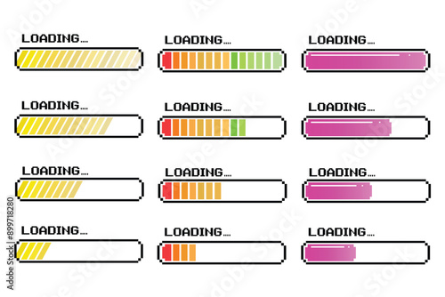 Pixel art 8-bit loading bar concept. Loading icons set. Load bar collection. loading icons on white background.
