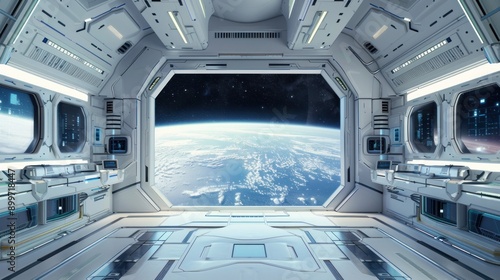 Fototapeta Naklejka Na Ścianę i Meble -  Space Station Interior with Earth View