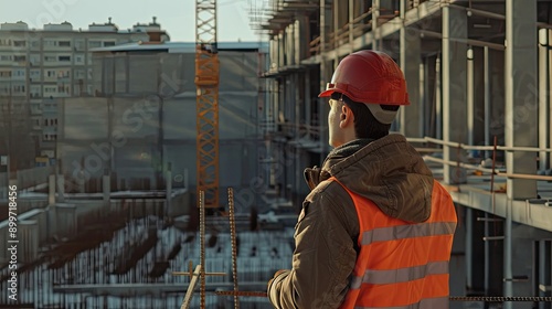 Construction Worker in Hard Hat and Safety Vest Standing on Building Site