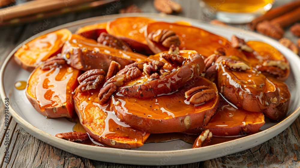 A plate of roasted sweet potatoes drizzled with honey and sprinkled with cinnamon and pecans A plate of roasted sweet potatoes drizzled with honey and sprinkled with cinnamon and pecans