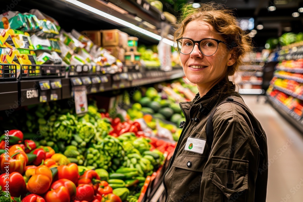 A woman with glasses shopping for fresh produce in a grocery store. The store aisle is filled with various colorful vegetables and fruits. A woman with glasses shopping for fresh produce in a grocery store. The store aisle is filled with various colorful vegetables and fruits.