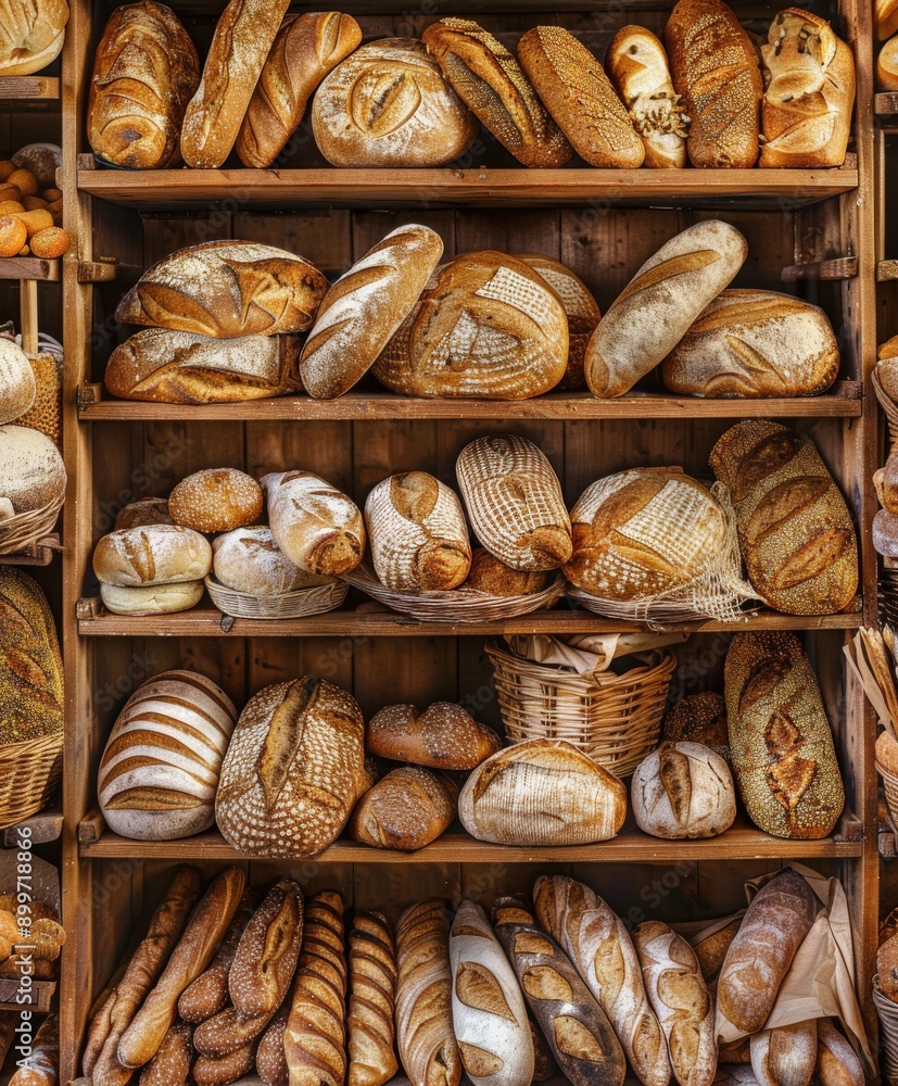 Freshly Baked Breads and Pastries Displayed on Shelves in a Cozy Bakery Freshly Baked Breads and Pastries Displayed on Shelves in a Cozy Bakery