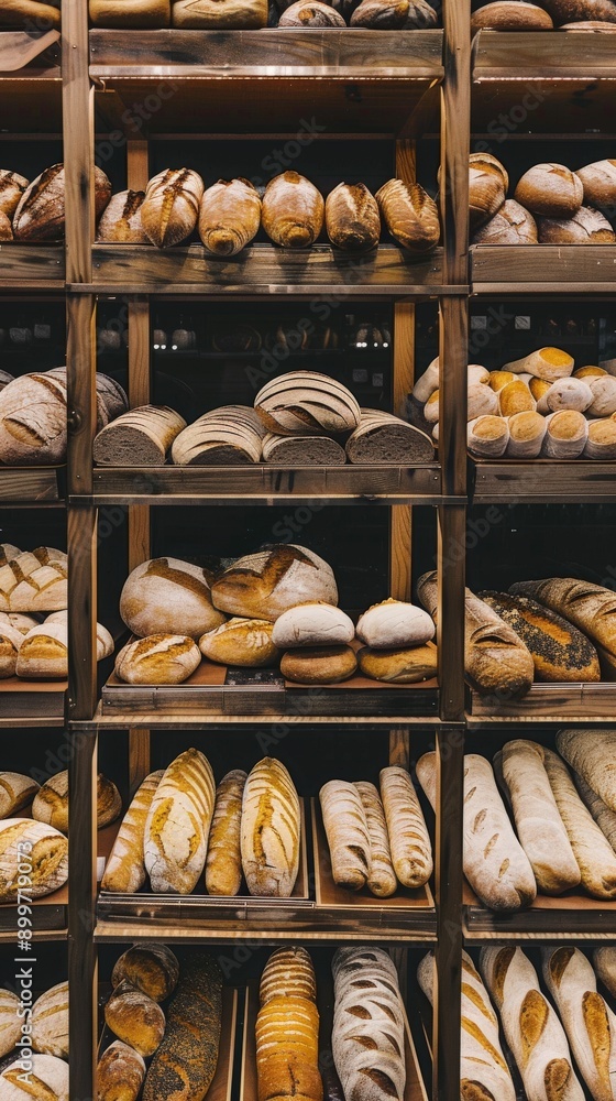 Assorted Breads and Pastries Displayed on Shelves in Cozy Bakery Assorted Breads and Pastries Displayed on Shelves in Cozy Bakery