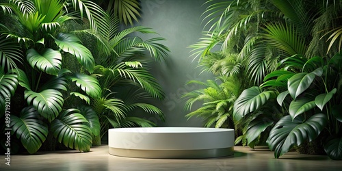 Podium for product display surrounded by tropical green leaves, podium, product, display, tropical, green leaves © sompon