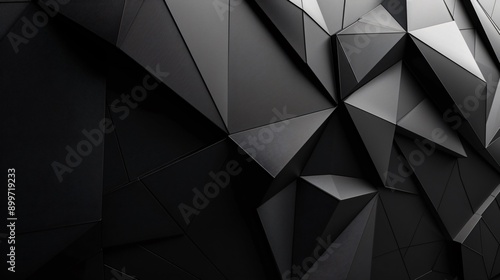 Futuristic 3D angular surface in matte black with dynamic triangular facets creating depth and texture perfect for a sleek design layout with copy space