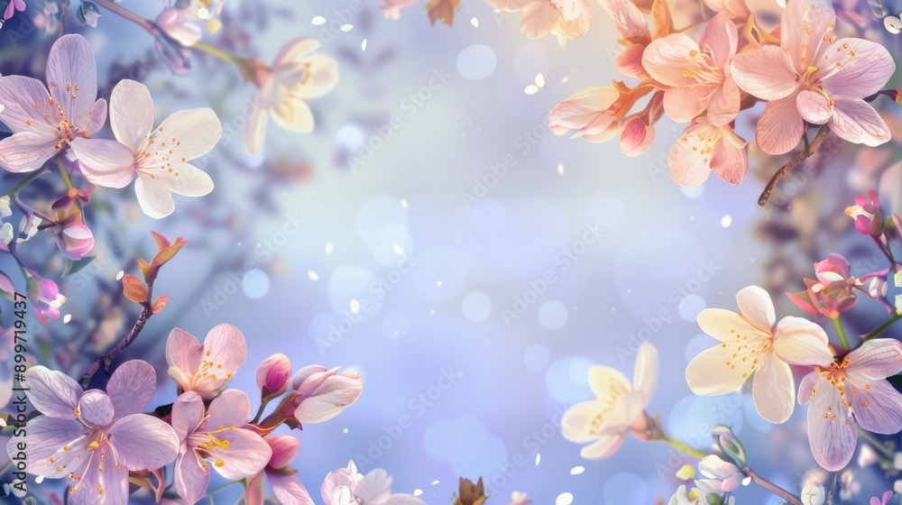 Fototapeta premium Background with a floral frame spring flowers. wedding card invitation. Celebration 
