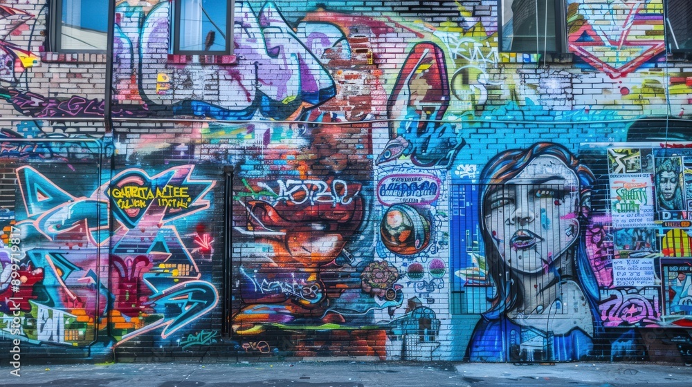 Fototapeta premium Vibrant Graffiti Art On A Brick Wall In An Urban Alleyway