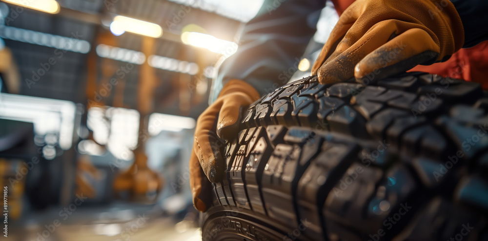 A mechanic holds a tire in an auto repair shop. The concept of the importance of skilled labor and maintenance in vehicle safety and performance. Generative AI.