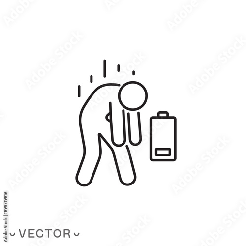 tired person icon, stress, tiredness, lack of energy, workplace burnout, thin line symbol isolated on white background, editable stroke eps 10 vector illustration