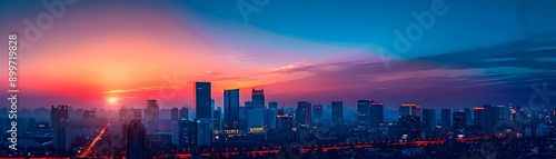 Vibrant Cityscape at Twilight with Reflecting Skyscrapers and Sunset Glow