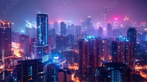 Vibrant Cityscape at Night with Neon Lights and Tall Buildings Exuding Electric Atmosphere