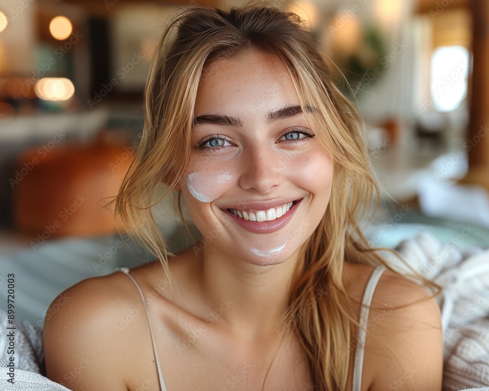 Radiant Young Woman Applying Moisturizer in a Serene Spa Setting for Healthy Skin Care Routine Radiant Young Woman Applying Moisturizer in a Serene Spa Setting for Healthy Skin Care Routine