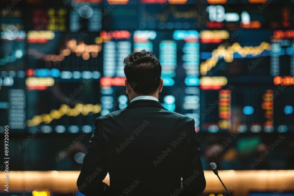 Businessman Silhouetted Against Stock Market Data Display Businessman Silhouetted Against Stock Market Data Display