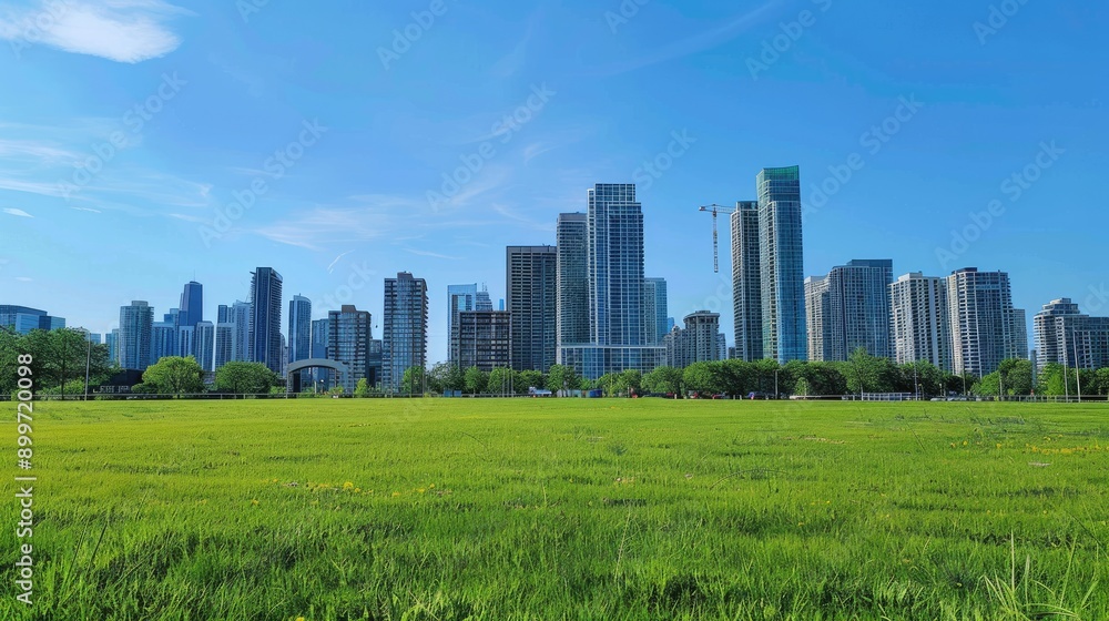 High-rise office buildings in the middle, with a bright blue sky above and a grassy green expanse in the front, with no people around. High-rise office buildings in the middle, with a bright blue sky above and a grassy green expanse in the front, with no people around.