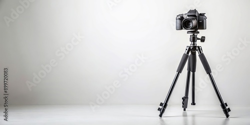 Camera tripod with DSLR camera on a white background, photography, equipment, technology, professional, adjustable, stability, stand