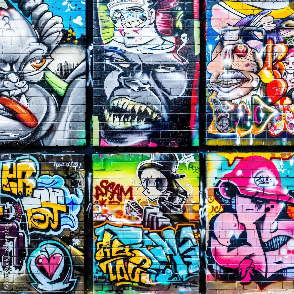 Obraz premium Colorful Graffiti Mural on Brick Wall in Urban Alleyway at Daytime