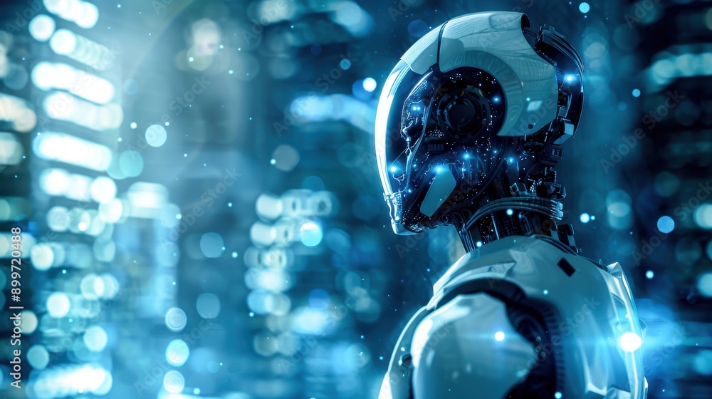 Futuristic Humanoid Robot in a High-Tech Urban Environment, Concept of Artificial Intelligence, Robotics in Modern Society, Advanced Technology, Cybernetic Future Futuristic Humanoid Robot in a High-Tech Urban Environment, Concept of Artificial Intelligence, Robotics in Modern Society, Advanced Technology, Cybernetic Future