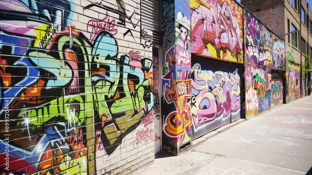 Obraz premium Vibrant Street Art Adorning a Brick Wall in an Urban Neighborhood