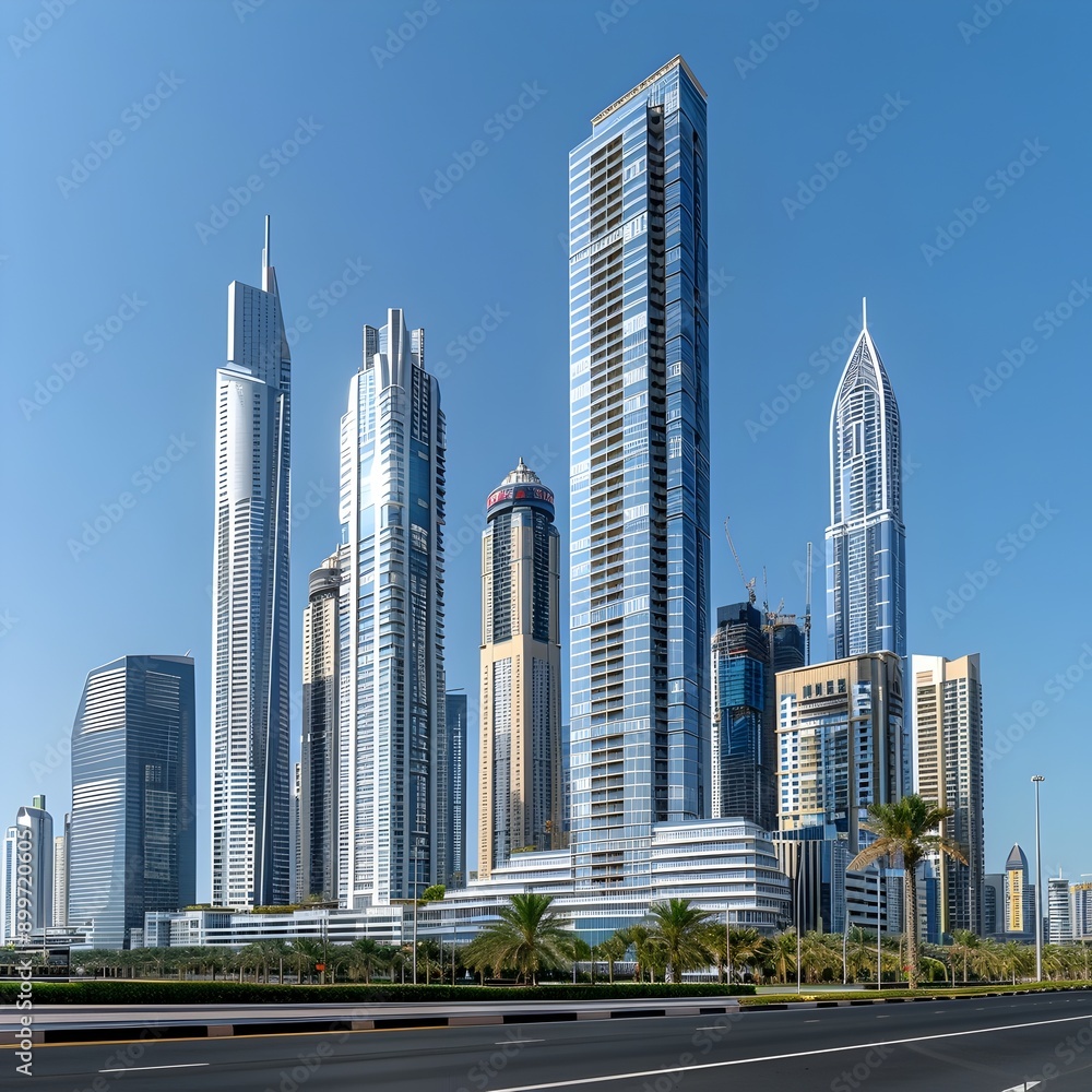 Futuristic Skyline with Sleek Glass Covered Skyscrapers Under Clear Blue Sky Futuristic Skyline with Sleek Glass Covered Skyscrapers Under Clear Blue Sky