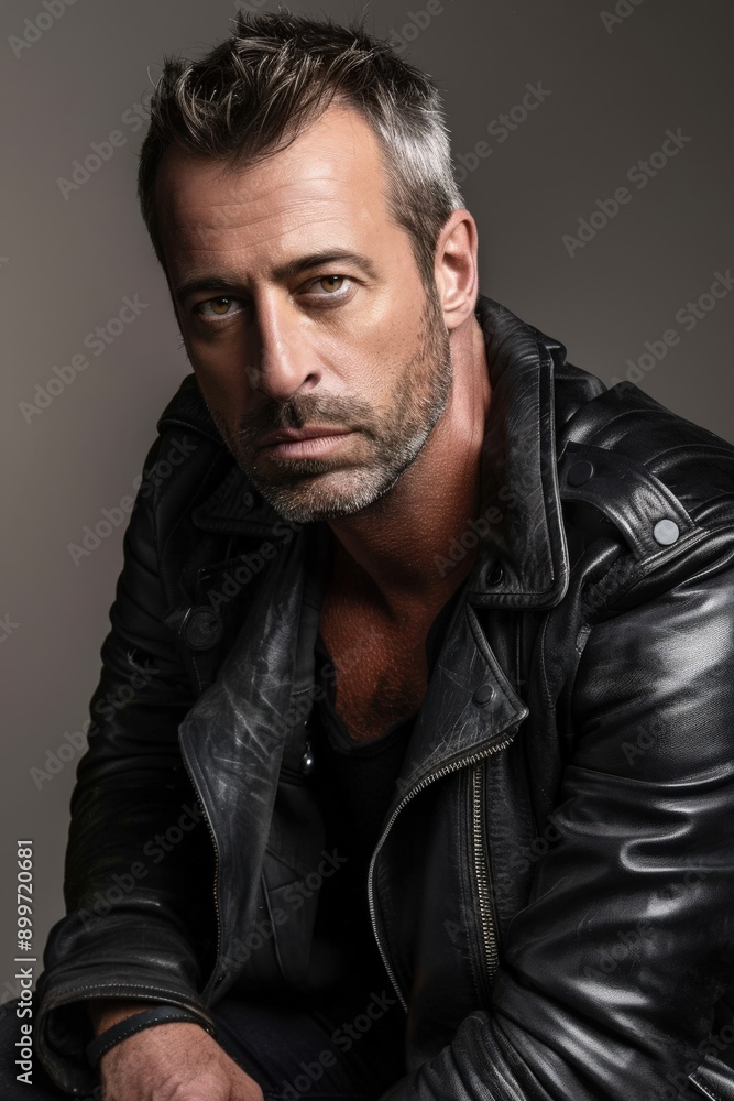 Fototapeta premium Man in Black Leather Jacket Posing Against Neutral Background
