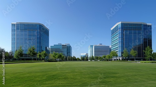 Tall company buildings aligned in the middle under a clear blue sky, with a front view of short green grass, devoid of any people.