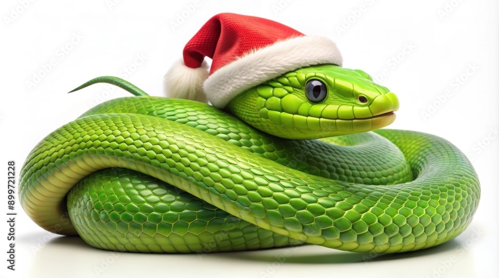 Obraz premium Holiday-Themed Green Snake with Santa Hat Marking the 2025 Year of the Snake