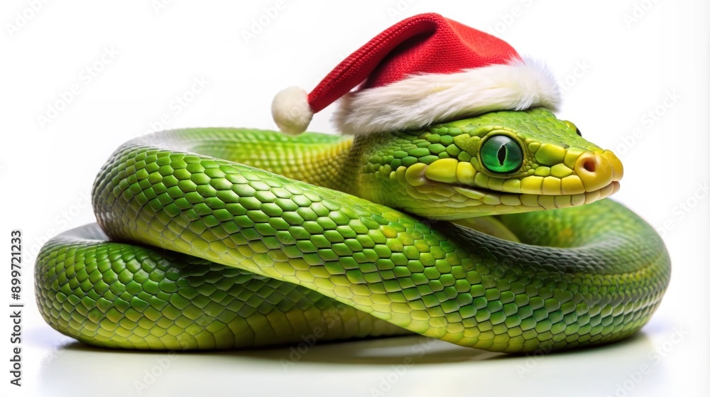 Obraz premium Charming Green Snake in a Santa Hat for the 2025 Year of the Green Snake