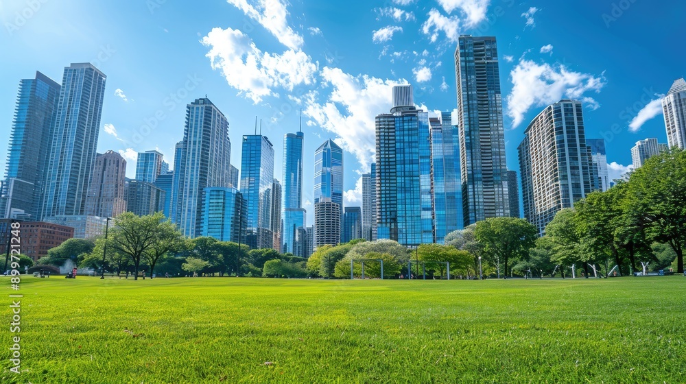 Tall corporate buildings stand in the middle against a bright blue sky, with a stretch of short green grass in the foreground, devoid of people. Tall corporate buildings stand in the middle against a bright blue sky, with a stretch of short green grass in the foreground, devoid of people.